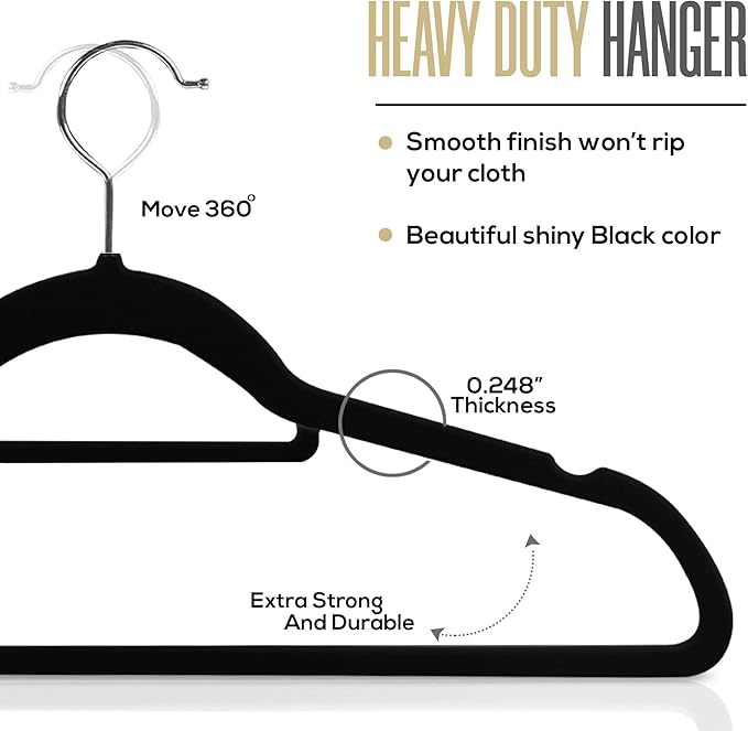 Utopia Home Velvet Hangers 100 Pack – Premium Non-Slip Slim Clothes & Coat Hangers with Tie Bar, Space-Saving Heavy Duty Design, 360° Swivel Hook – Black