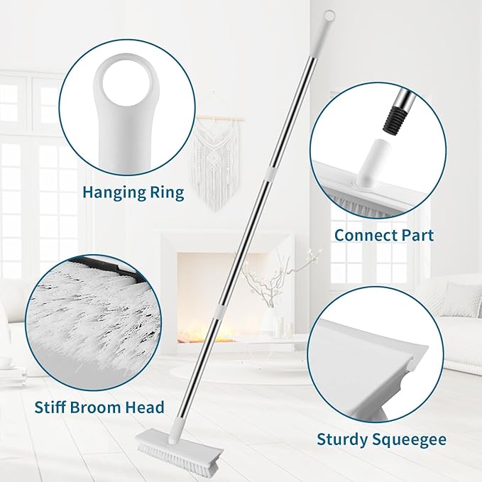 Floor Scrub Brush with Long Handle, 2 in 1 Scrape Brush Stiff Bristle Floor Scrubber for Cleaning Shower Bathroom Garage Kitchen Wall Deck Tub Tile, White