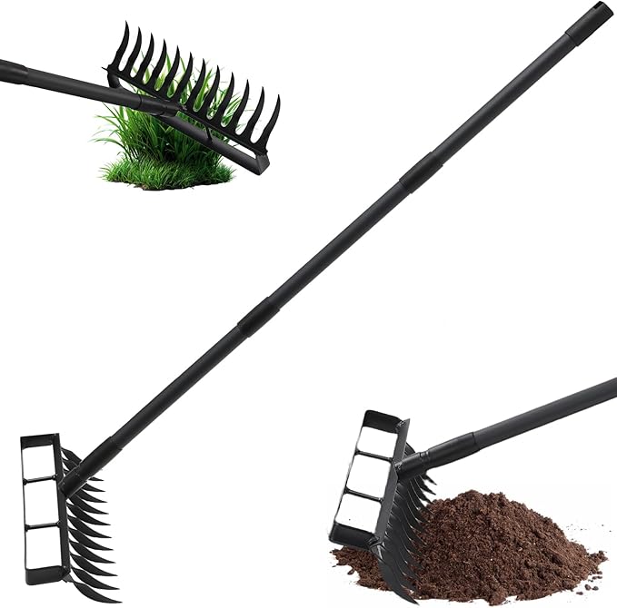 2 in 1 Hoe Garden Tool, 12 Tines Cultivators for Gardening, Weed Puller Tool with 76" Long Handle for Gardening, Weeding, Seeding, Ditching, Loosening
