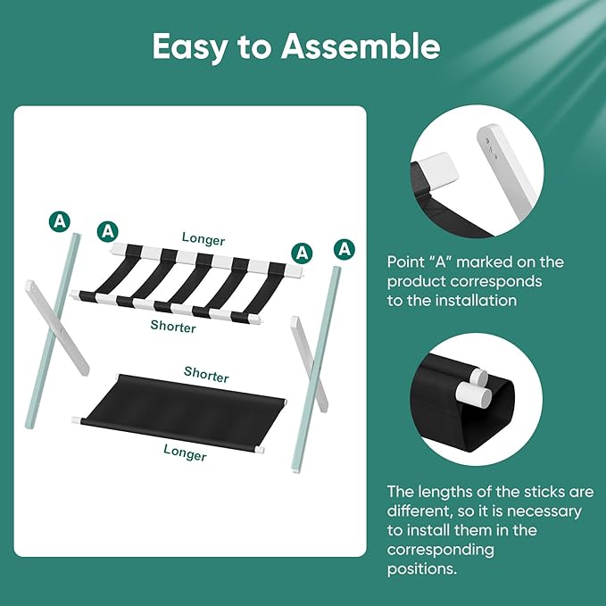 Smuxee White Bamboo Luggage Rack for Guest Room, Foldable Suitcase Stand with Storage Shelf, Easily Assembled Luggage Stand with 5 Nylon Straps for Guest Room Bedroom Hotel