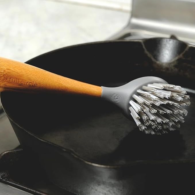 Full Circle Tenacious C Cast Iron Bamboo Dish Brush and Scraper – Durable Kitchen Scrub Brush for Dishes, Pots, Pans, and Cast Iron, Sustainable, Made with Recycled Plastic