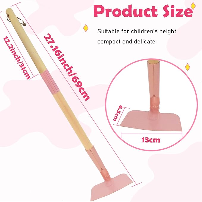 Kids Garden Lawn Hoe-Small Wooden Handle Hoe with Metal Head, 31 inches/ 79 cm Length, for Kids Garden Labor Hoe (Pink)