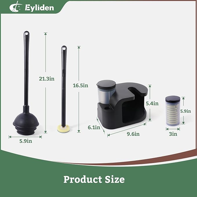 Eyliden Disposable Toilet Brush and Plunger Combo | 2-in-1 Toilet Bowl Wand Kit - 10 Count Pre-Soaked Refill Heads, 3-Step Plunger, Storage Holder - Compact Toilet Cleaning System, Black
