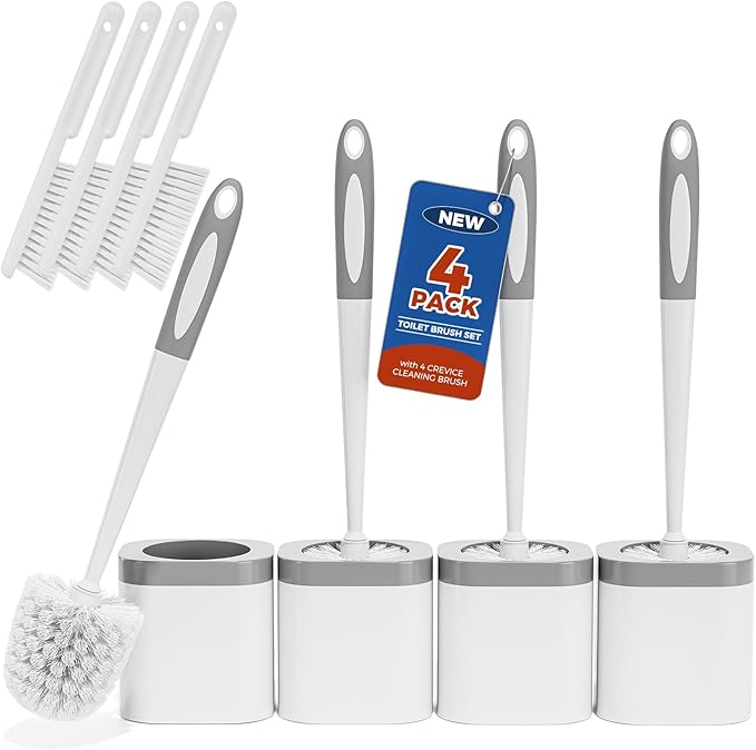 Toilet Brush, 4 Pack Toilet Brush and Holder Set Bathroom Accessories, Toilet Bowl Brush and Holder with 4 Crevice Brush for Bathroom, Toilet Scrubber Brush, White