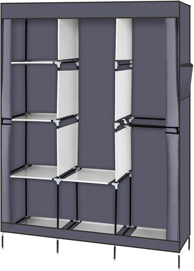 Portable Closet Wardrobe,71'' Closet Storage Organizer Rack with Shelves and Cover for Hanging Clothes, Non-Woven Fabric, Quick and Easy to Assembly (Gray)