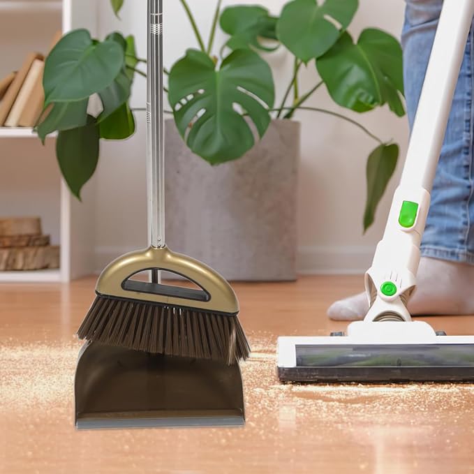 GANAZONO Broom Dustpan Scraper Set Long Handle Stand Up Broom Combo Dustpan for Home Kitchen Room Office Lobby Floor
