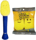 Scrub Daddy Dish Daddy Dish Wand & Refill Heads, Soap Dispensing Dish Brush, Texture Changing Washing Up Sponge With Liquid Handle, Dish Sponge with Built-in Scraper & Scrubbing Head, Drip stand, Blue