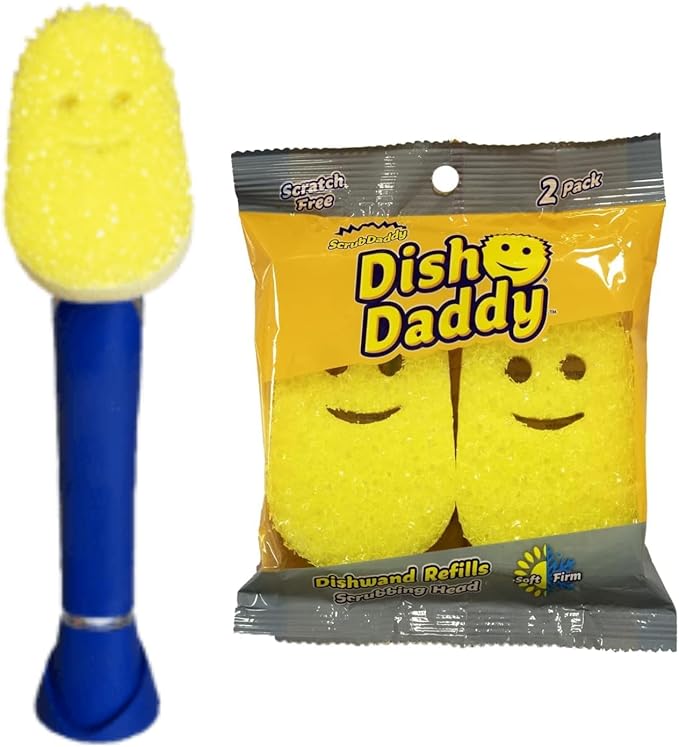 Scrub Daddy Dish Daddy Dish Wand & Refill Heads, Soap Dispensing Dish Brush, Texture Changing Washing Up Sponge With Liquid Handle, Dish Sponge with Built-in Scraper & Scrubbing Head, Drip stand, Blue
