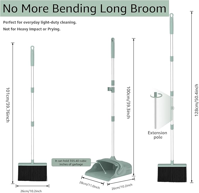 Pet Hair Broom and Dustpan Set, Self Cleaning Teeth No Hair Tangling, Heavy Duty 4 Layer Bristles, Long Handle Upright Sweep Set, Rubber Lip No Dust Left Behind for Home Floor Cleaning(Green)
