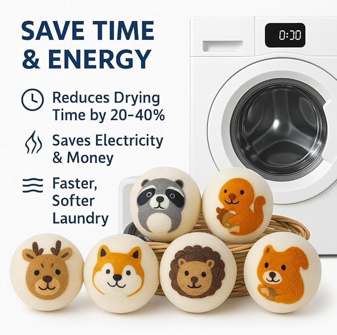 Laundry Wool Dryer Balls | Natural Fabric Softener – Reusable, Eco-Friendly, Reduces Drying Time – Wool Balls Replaces Dryer Sheets - Laundry Balls for Dryer (Animals (Type 2) 3XL)