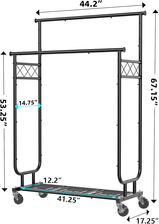 Ekisemio Heavy Duty Clothes Rack, Rolling Clothing Rack With Shelves Load 450 LBS, Double Rod Clothing Racks with Wheels for Hanging Clothes, Black