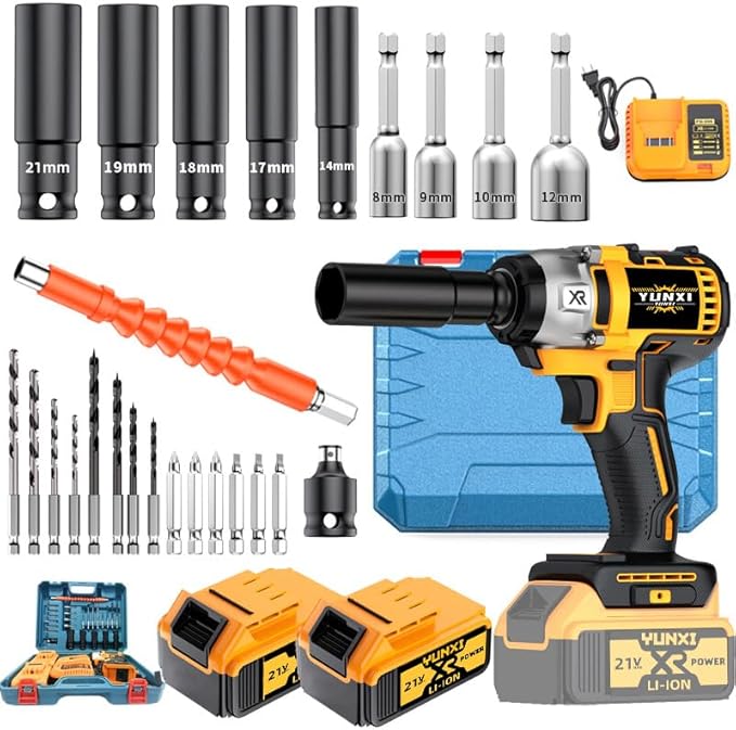 Wireless impact electric wrench kit, impact drill with charger, lithium-ion battery, portable quick charger - suitable for home and car maintenance and repair (Upgrade battery * 2+plastic box)