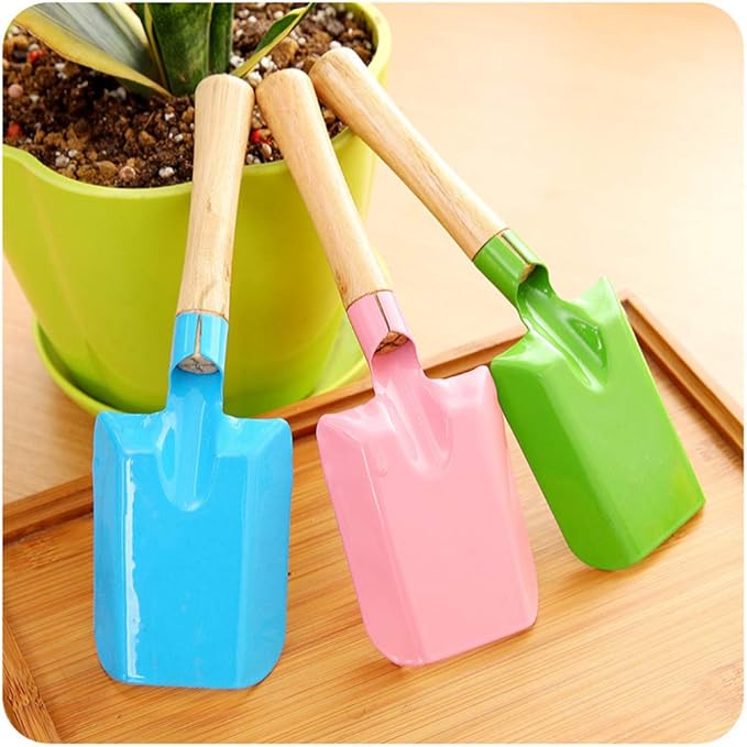 2pcs Small Gardening Shovel Metal Candy Color Wooden Handle Flat Trowel Scoop Digging Lawn Tool for Flower Succulent Plant,Random Color
