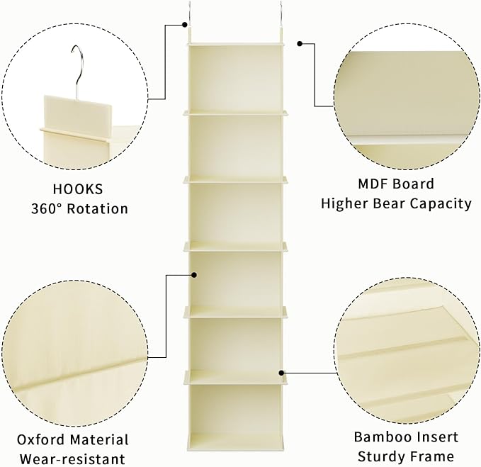 YOUDENOVA Hanging Closet Organizer, 6-Shelf Closet Hanging Shelves, Beige