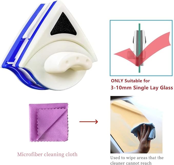 Double Sided Window Cleaner - Magnetic Window Glass Wiper Cleaning Tool for with Microfiber Cleaning Cloth (Pink) High-Rise Household Clean Windows Thickness 0.1''-0.3'' (Blue)