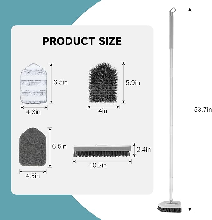nacena Shower Scrubber with Long Handle, 4 in 1 Tile Tub Scrubber Brush with 3 Detachable Cleaning Heads and V-Shaped Grout Brush Shower Cleaner Brush for Bathroom Kitchen Toilet Tub Sink, Grey White
