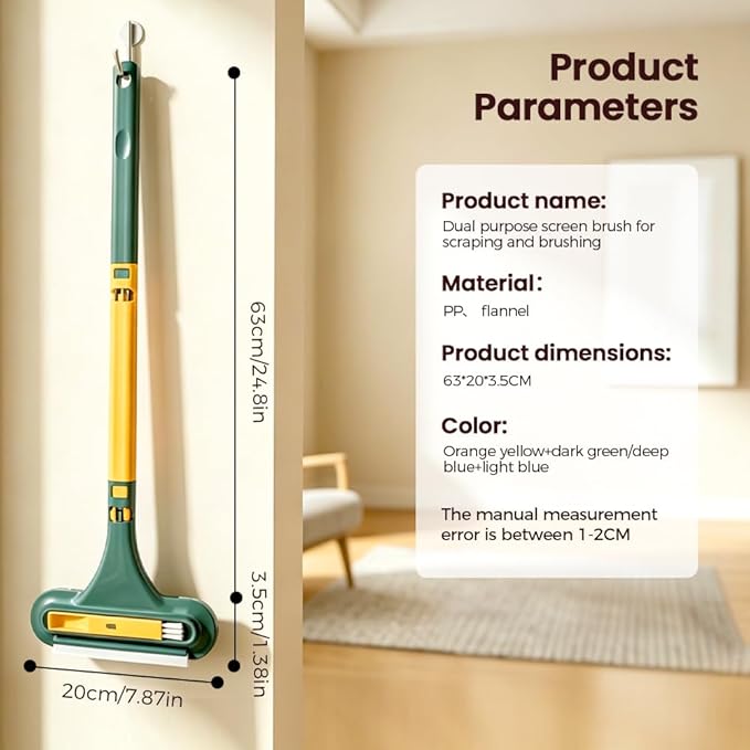 Window Screen Cleaning Brush,2 in 1 Window Screen Cleaner Tool with Squeegee,Mesh Screen Cleaner,Multi-Purpose Cleaning Brush for Patio, Door, Porch Screens (Yellow Green)