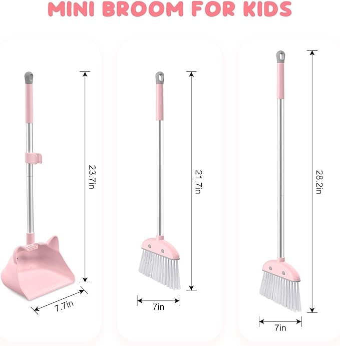 Mini Broom with Dustpan for Kids, 28-in Handle Kids Broom and Dustpan Set for Toddlers Cat-Shaped Children Broom and Cleaning Set Boys Girls Small Housekeeping Helper Set, Pink