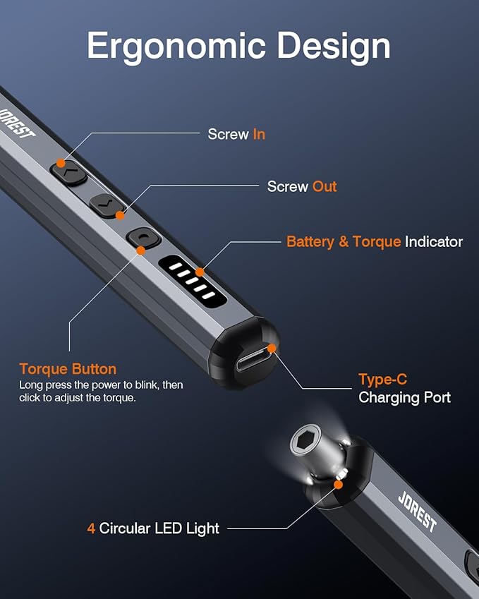 JOREST Mini Electric Screwdriver,Cordless Precision Screwdriver set with 38-in-1 Magnetic Bits, 5 Torque Settings, Repair Tool for iPhones, Laptop, Drone, Game Console, Camera;Birthday Gift for Father
