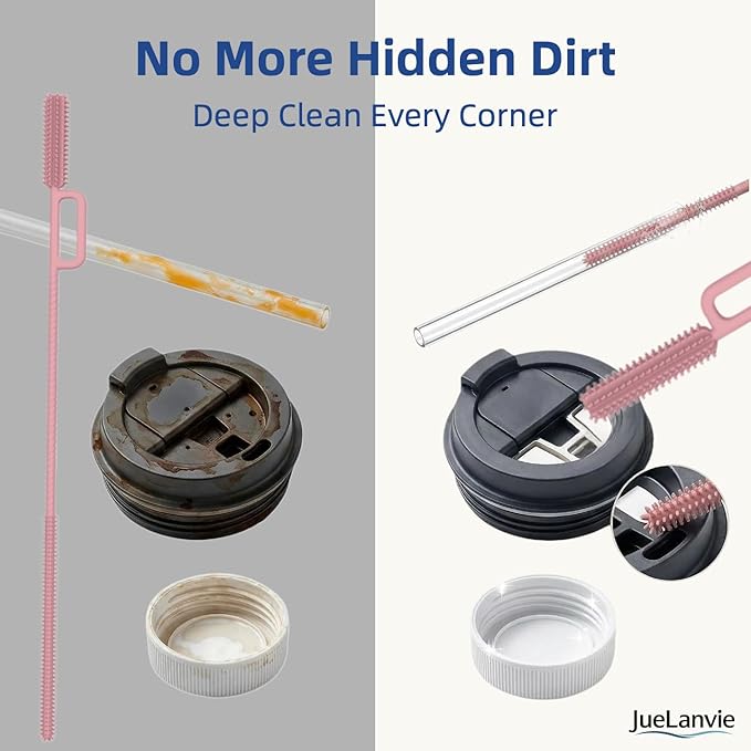 2-in-1 Dual-Head Straw Brush, Silicone Cleaning Brush for Straws & Lid Gaps, Long Flexible for Tumblers & Bottles, Non-Slip Handle, No-Scratch, 2 Pack (6mm & 9mm), Durable & Reusable (Blush Pink)