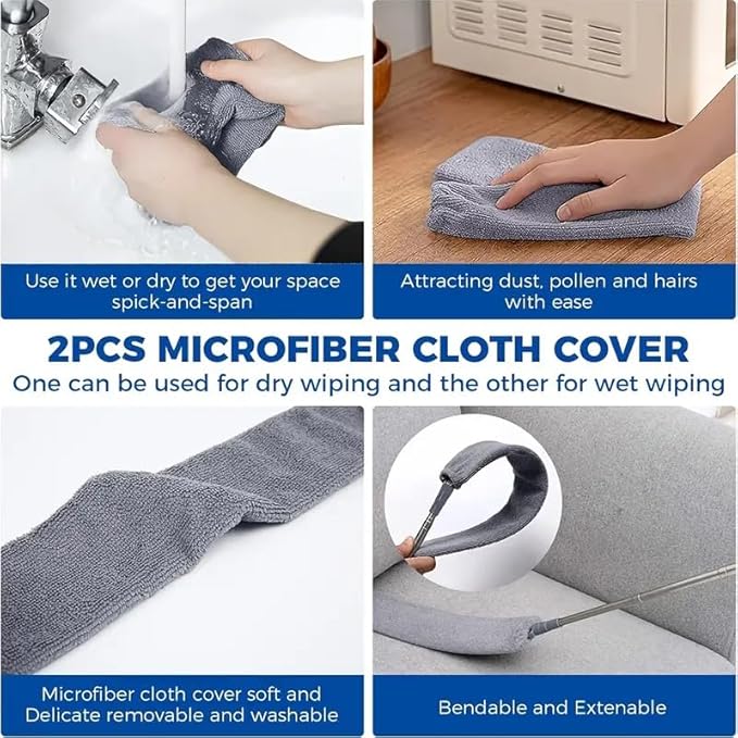 Boolavard Retractable Gap Dust Cleaner Cleaning Tools with 2 Microfiber Dusting Cloths Long Handle 60inches Washable and Retractable Duster Brush for Cleaning Under Appliances Furniture Couch Fridge