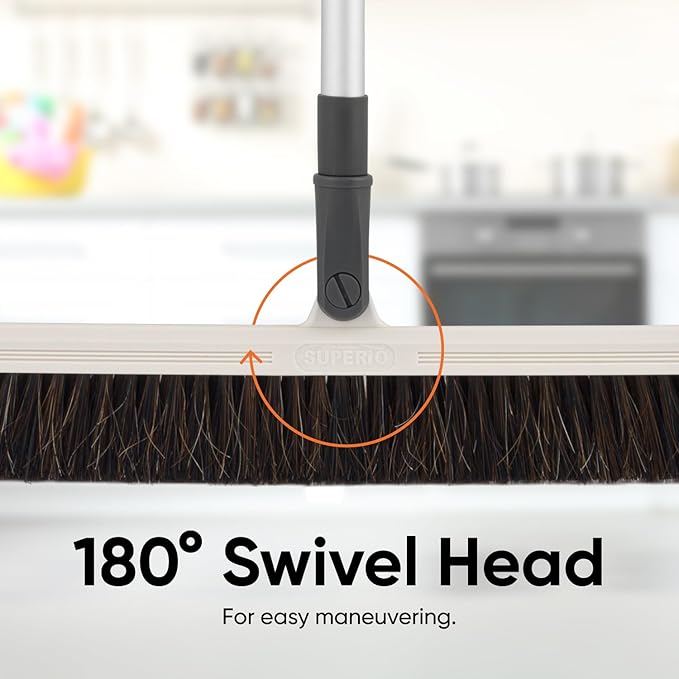 Slim Upright Horsehair Broom 18" – Narrow Thin Dust Broom for Hardwood Floors, Soft Bristles for Dog Hair – Swivel Head with 48" 3-Part Handle – Home & Kitchen Use