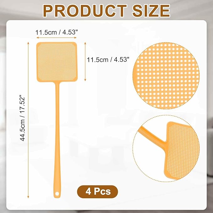 HARFINGTON 2pcs Fly Swatter 4.5"x4.5" Plastic Manual Heavy Duty Long Handle Fly Swatter for Home Indoor Outdoor, Gold