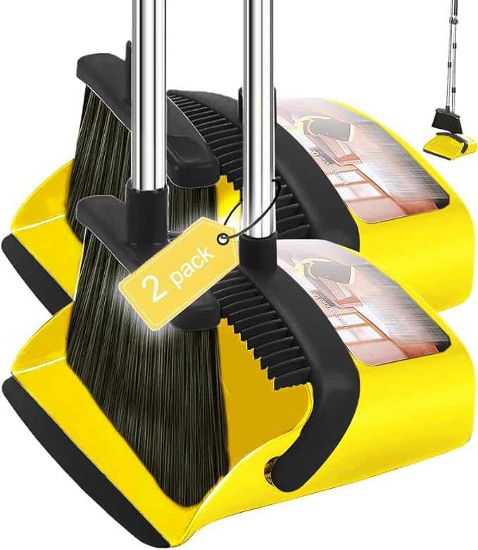 2-Pack is More economical,Brooms with Dustpan Combo Set， with 52" Long Handle, Dustpan Teeth with self-Cleaning Function, Indoor and Outdoor Sweeping, Perfect for Home Office(Large/Yellow /2-Pack).