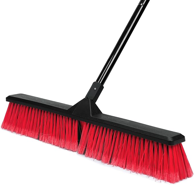 24" Push Broom with 63" Long Handle, Heavy Duty Broom for Floor Sweeping, Stiff Bristles Broom Brush for Workshop, Garage, Concrete, Patio and Deck