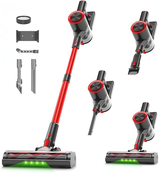 Clinkal Cordless Stick Vacuum Cleaner, 38Kpa Powerful Suction Vacuum Cleaner with LED Headlight, Detachable Battery, 8-in-1 Lightweight Handheld Vacuums for Pet Hair Carpet and Hardwood Floor, Red