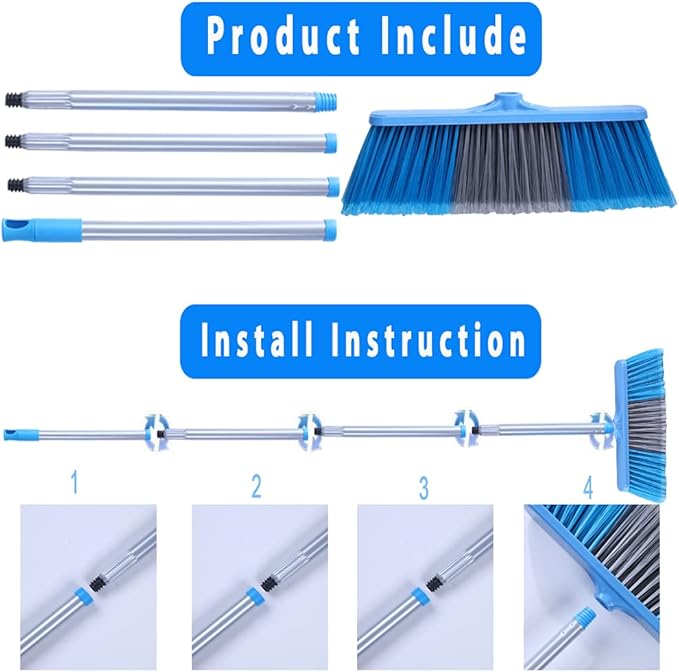 YONILL Indoor Outdoor Broom with Long Handle, 53" Angle Brooms for Floor Cleaning Sweeping Broom for Garage, Patio, Garden, House and Kitchen