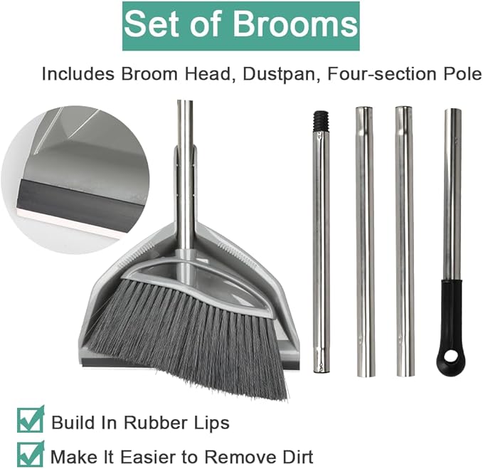 Soft Bristle Broom and Dustpan Combo Set, Long Handle Indoor Broom with Dustpan Set for Kitchen Hardwood Room Office and All Household Floor Cleaning (Gray)