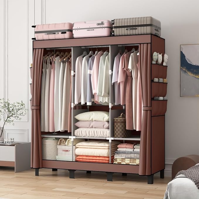 Portable Closet, 51.18" Large Capacity Clothing Storage Organizer with 3 Hanging Rods 6 Shelves 18 Side Pockets, Dustproof Sturdy Wardrobe for Bedroom Dorm Rental Apartment (Coffee, Large)