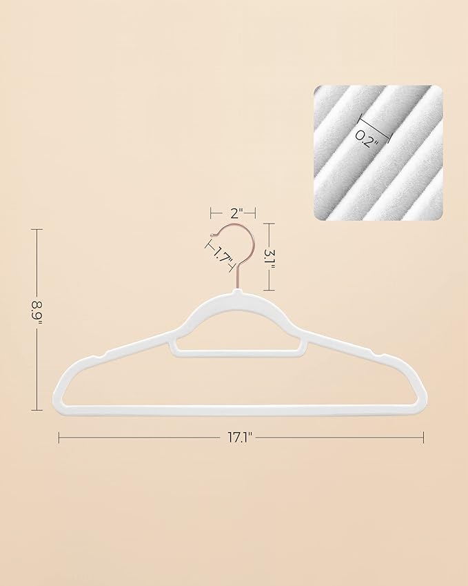 SONGMICS Velvet Hangers, Set of 30 Clothes Hanger with Rose Gold Swivel Hook, Non-Slip, and Space-Saving, 0.2-Inch Thick, 17.1-Inch Long for Coat, Shirt, Dress, Pants, Tie, Cloud White UCRF021W01