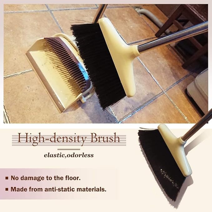 Broom and Dustpan Set Lightweight Upright Lobby Broom and Dust Pan Combo with Long Handle Outdoor Indoor for Home Kitchen Room Office (Brown)