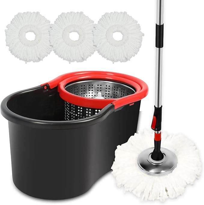 Spin Mop and Bucket with Wringer Set, 3 Washable Microfiber Pads Included for Floor Cleaning, Adjustable Stainless Steel Handle (XS-Black)