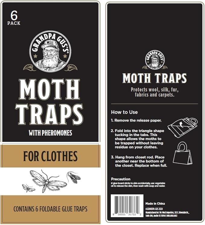 Grandpa Gus's Clothes Moth Traps, Potent Pheromone Sticky Glue Traps for Case-Making and Web Spinning Moths, Moths Repellent for Clothing, Closets & Carpets, Pack of 6