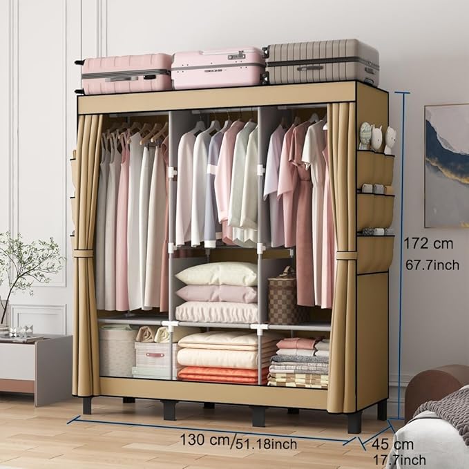 Portable Closet, 51.18" Large Capacity Clothing Storage Organizer with 3 Hanging Rods 6 Shelves 18 Side Pockets, Dustproof Sturdy Wardrobe for Bedroom Dorm Rental Apartment（Colour, Large）