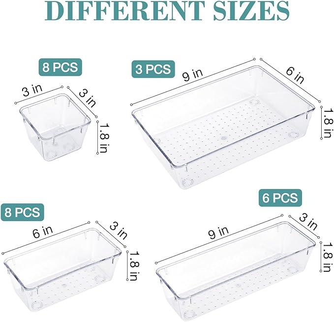 StorMiracle 25 PCS Drawer Organizer Set, 4 Varied Size Bathroom and kitchen Drawer cabinet organizer Trays, Clear Storage Bins for Makeup, Jewelry, Utensils and Gadgets