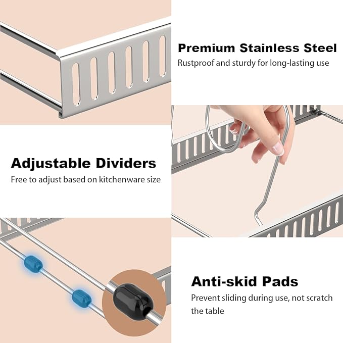 Housolution Pot and Pan Organizer Rack for Cabinet, Pot Lid Organizer with 7 Adjustable Dividers, Pan Holder Storage Rack for Kitchen Cabinet, Silver