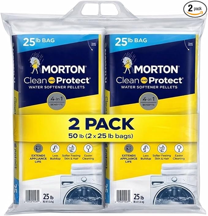 Morton Clean and Protect Water Softener Pellets, 4-in-1 Benefits, 2 Pack, 50 lb (2 x 25 lb Bags)