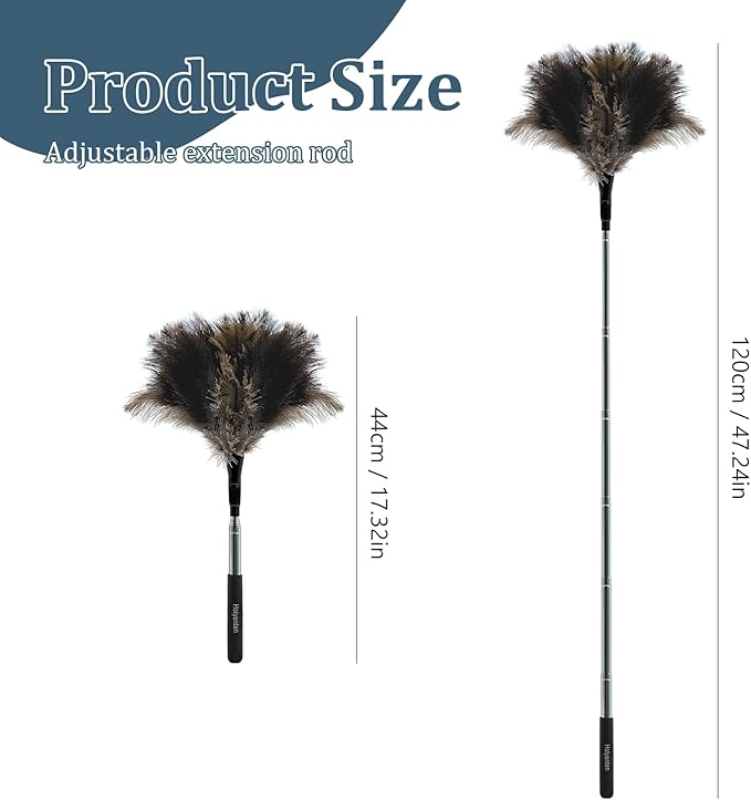 Extendable Feather Duster - 47 inches Fluffy Long Handle Reusable Feather Duster for Cleaning Ceiling Fan,Pendant lamp, High Ceiling, Blinds, Furniture，Ostrich Feather Duster