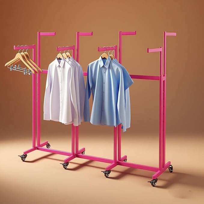 Floor Standing Metal Garment Rack - Heavy Retail Display Racks With Wheels, 6 Arms Clothing Rack, Square Tubing Portable Shirt Rack, Merchandise Display RackFor Hanging Clothes (Pink)
