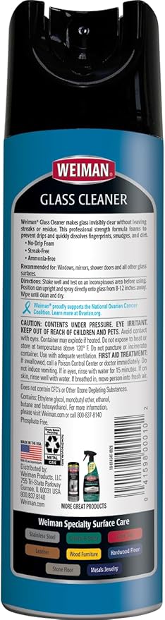 Weiman Glass Cleaner Aerosol Spray for Windows, Mirrors, Shower Doors, No Drip Foam, Residue & Streak Free Shine, Ammonia Free, Dissolves Fingerprints, Smudges & Dirt, 19 Oz, Pack of 2