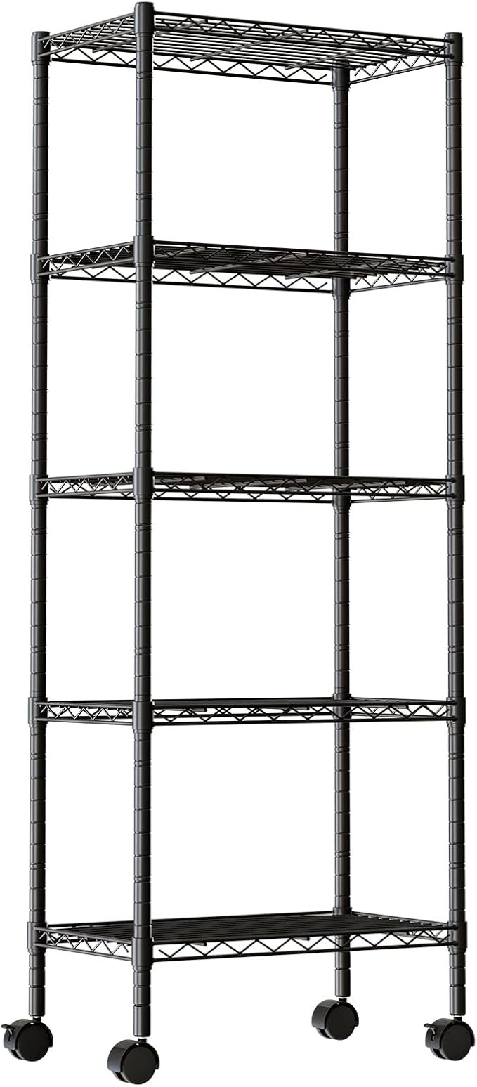 DUMOS 5 Tier Metal Shelving, Heavy Duty Shelves Wire Shelving Unit with Removable Wheel Casters, Shelves Organizer for Bathroom Garage Living Room Kitchen Pantry Laundry Black