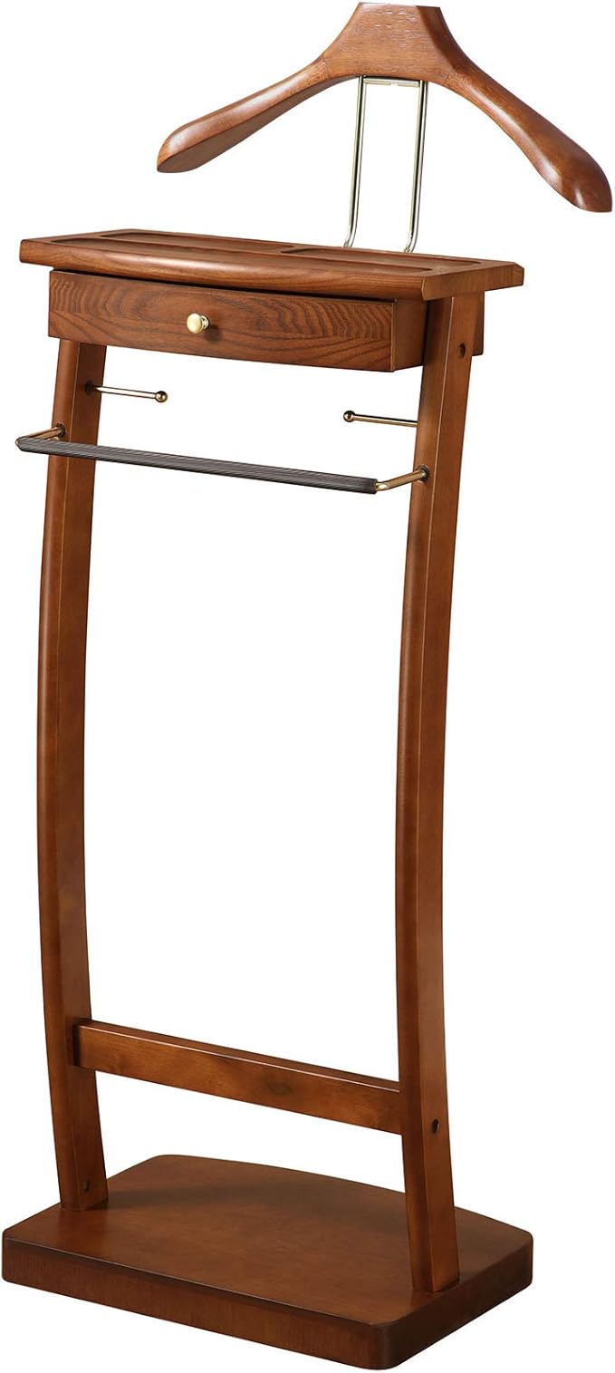 Proman Products Kingsman Suit Valet Stand VL37074 with Drawer, Top Tray, Contour Hanger, Trouser Bar, Tie & Belt Hooks and Shoe Rack, 15.5" W x 12" D x 44.5" H, Walnut
