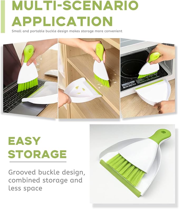 Small Hand Dust Pan and Brush - Small Broom and Dustpan Set, Mini Broom and Dustpan, Compact Dustpans and Brush for Home Cleaning, Sofa, Desk, Guinea Pig Cage, Cat Litter, etc. (Green)