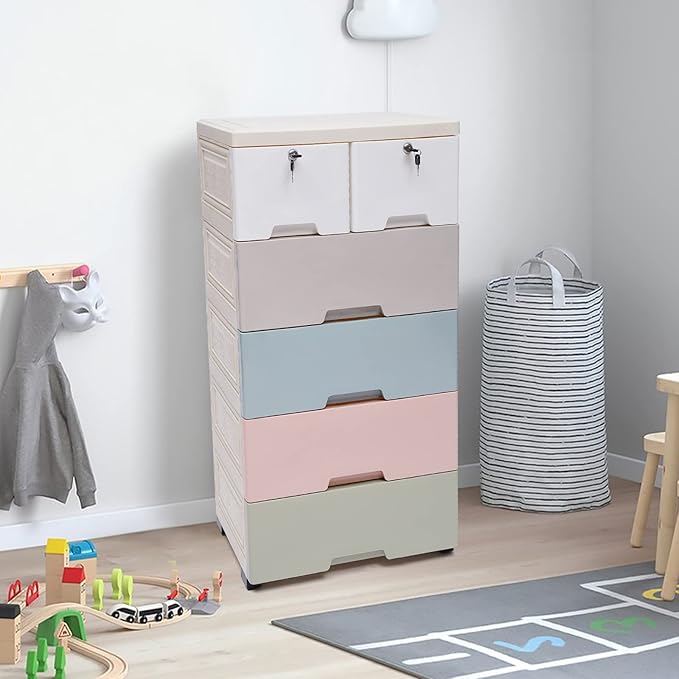 5 Layers Bookshelf, Multi-Layer Assembled Baby Wardrobe Storage Cabinet, Cube Organizer Bookcase Cabinet Storage Shelf Rack with 6 Drawers & 5 Wheels, White, Gray, Blue, Pink, Green