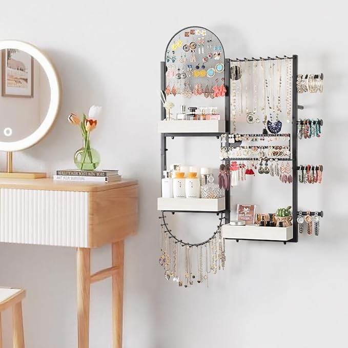Keebofly Wall Mount Hanging Jewelry Organizer - Large Display Holder for Earrings, Rings, Necklaces, Bracelets, Watches and Perfume - White
