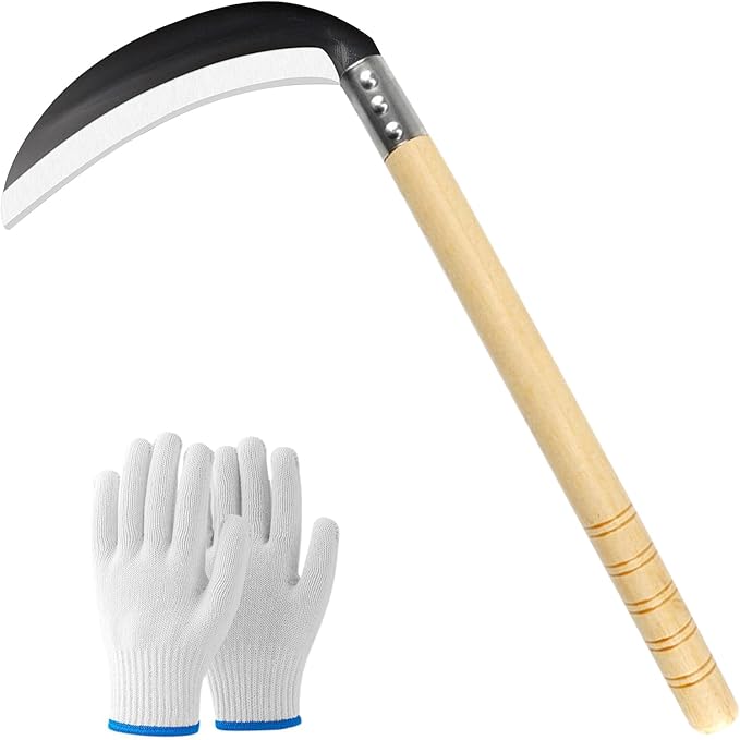 Carbon Steel Grass Sickle with Wood Handle, Gardening Weeding Weeder, Garden Hand Tool, Farming Weed Remover, Scythe Blade Cutter, Manual Mowing Blade Cutter, Thick Blade Quick Work